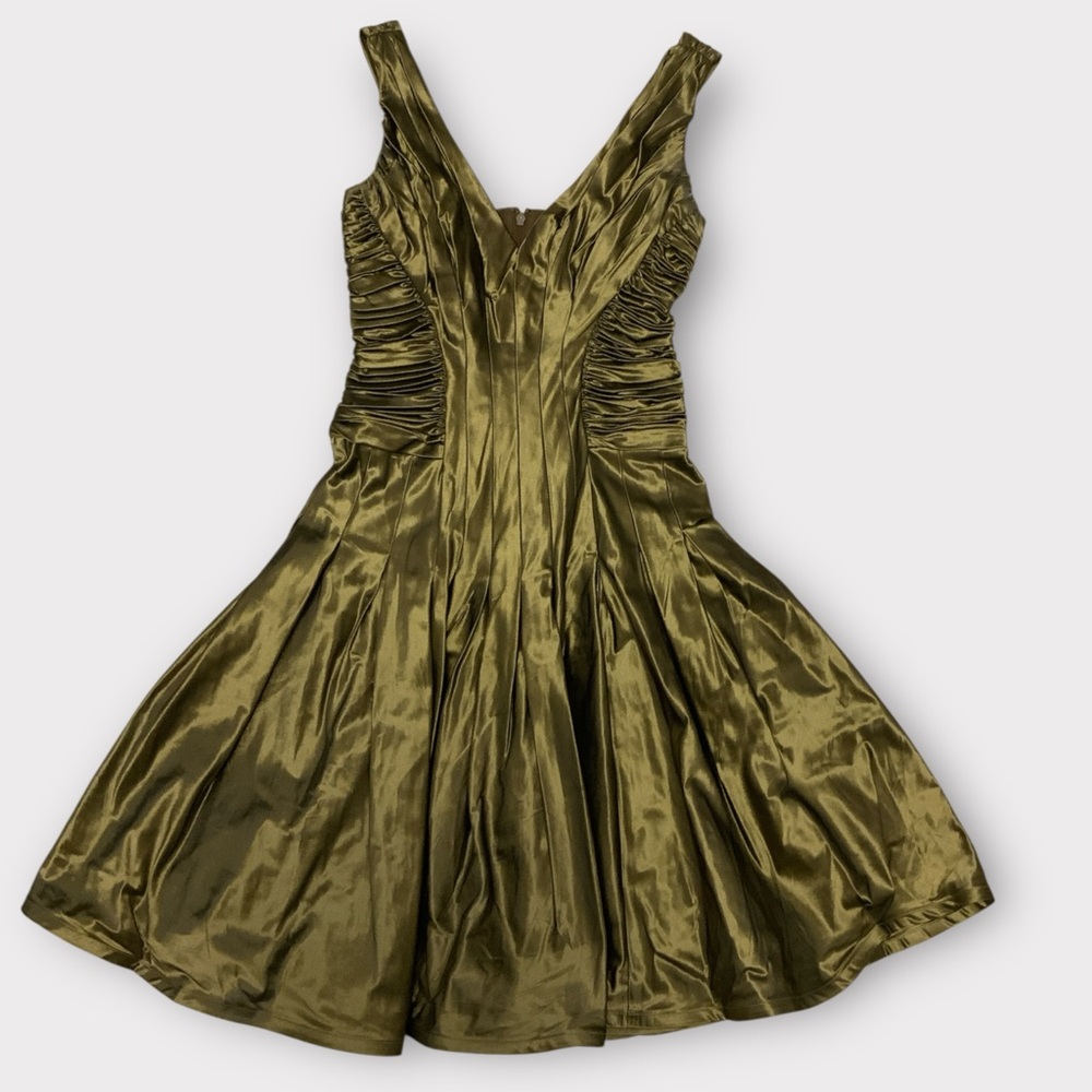 Tadashi Collection Bronze Metallic Fit & Flare Ruched Taffeta Formal Dress Sz 2